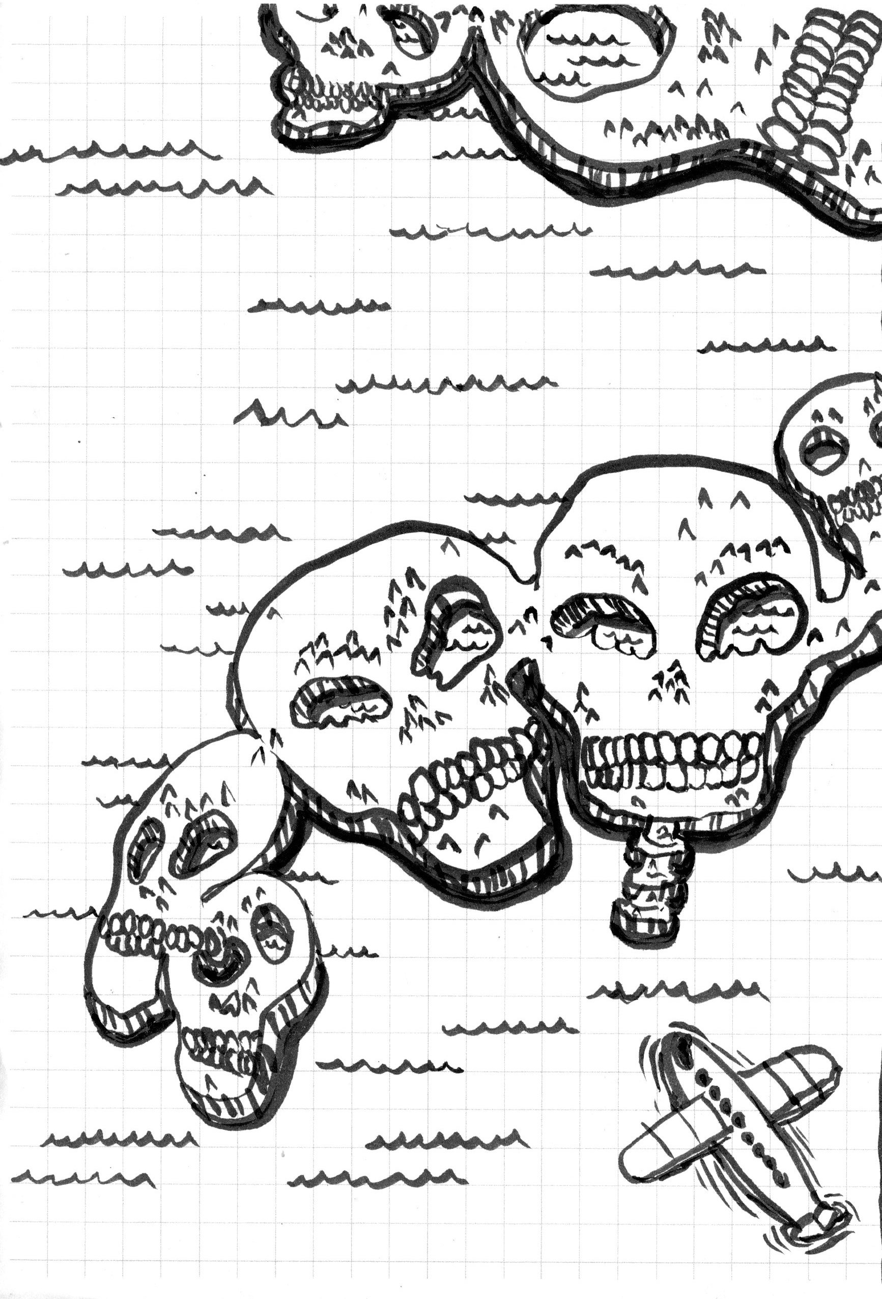 skull skulls island plane grid waves ocean paper pen ink