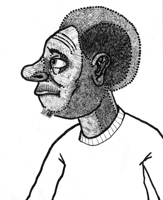 portrait black man earring sweater moustache goate pen ink
